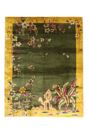 Antique Chinese Art Deco rug, 138x106 inches, featuring a decorative design in olive green and yellow hues.